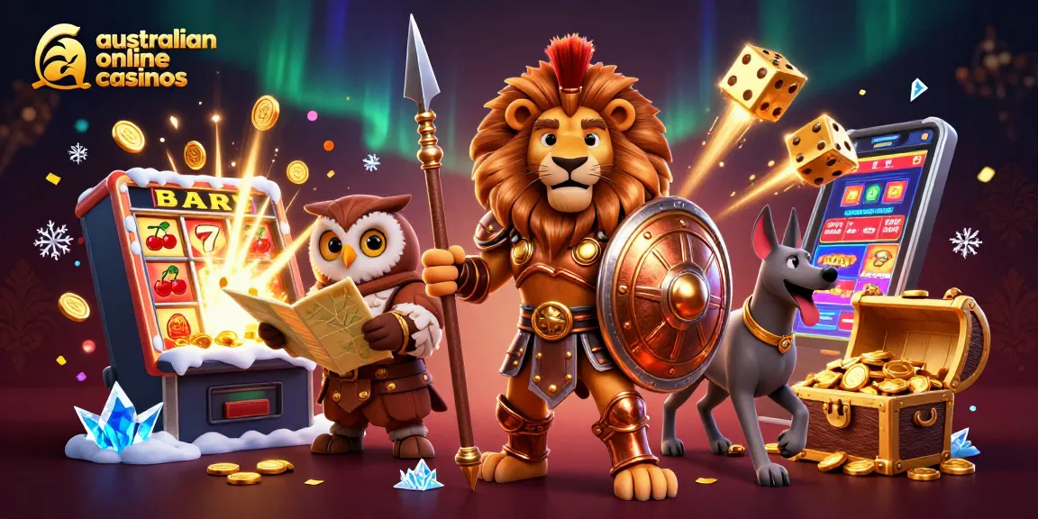 A dynamic scene featuring a Spartan lion, owl strategist, and greyhound messenger celebrating australian online casinos with vibrant gaming elements.