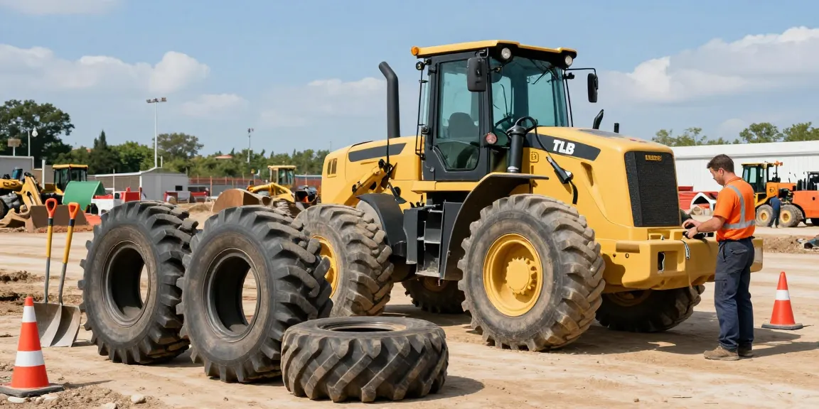 High-quality TLB tyres for sale on a construction site with a backhoe and technician inspecting equipment.