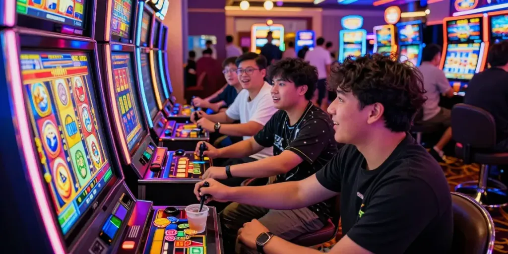 Excited players engaging with สล็อตเว็บตรง at a vibrant casino