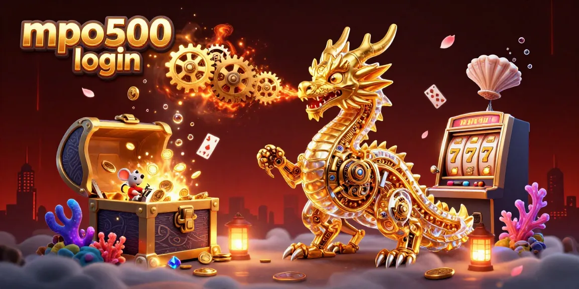 Experience excitement with mpo500 login in a vibrant casino scene filled with colorful slots and treasures.