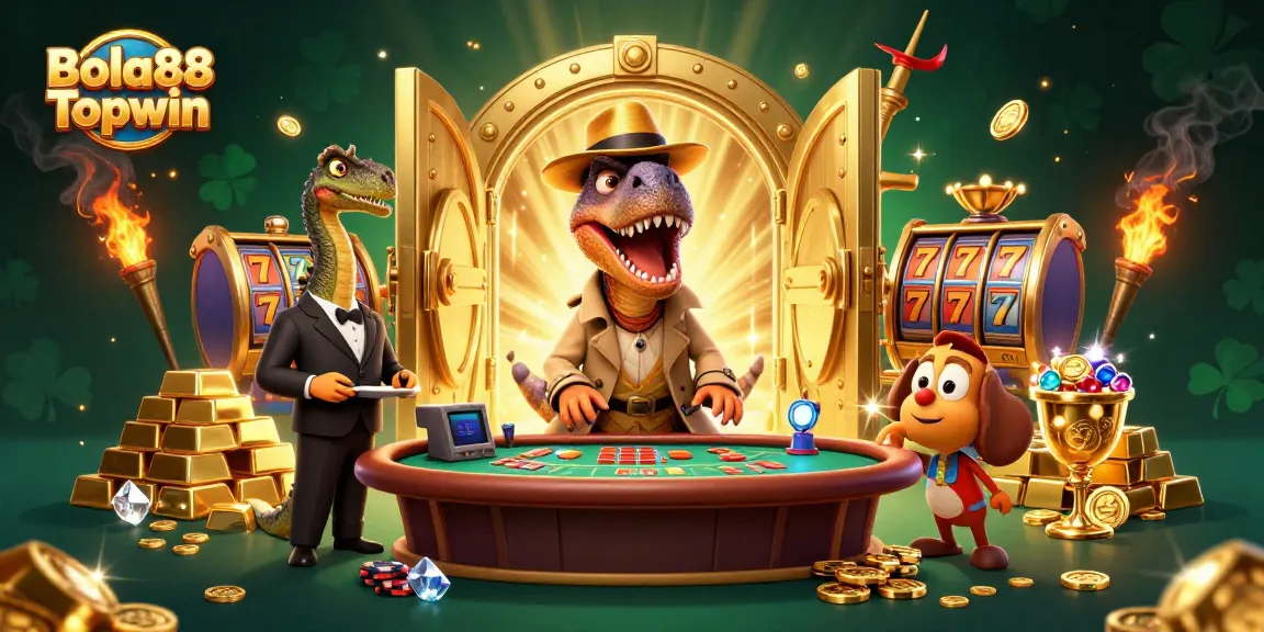 Bola88 Topwin showcases a velociraptor card counter at a blackjack table amid sparkling treasures and lively casino elements.