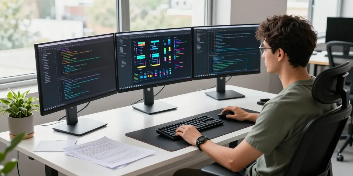 Developer coding at modern workspace with multiple screens displaying software on https://www.bdtjl.app/