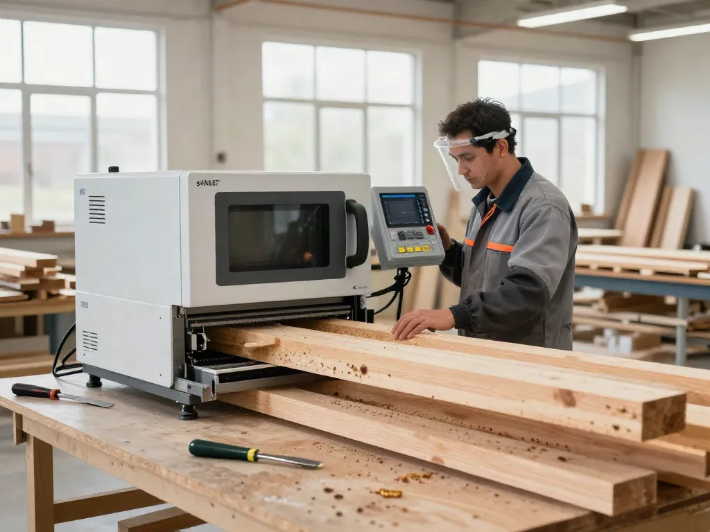 SHASHEL® microwave equipment efficiently eliminating wood-boring pests in a modern workshop.