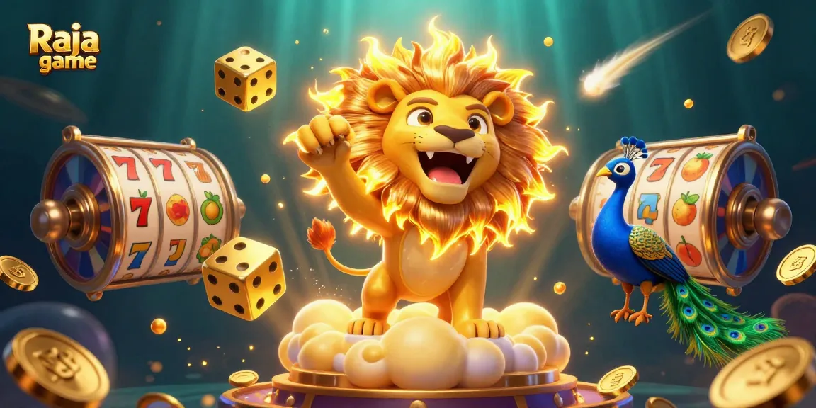 Play thrilling slot games on Raja game with dynamic visuals of a roaring lion and vibrant casino elements.