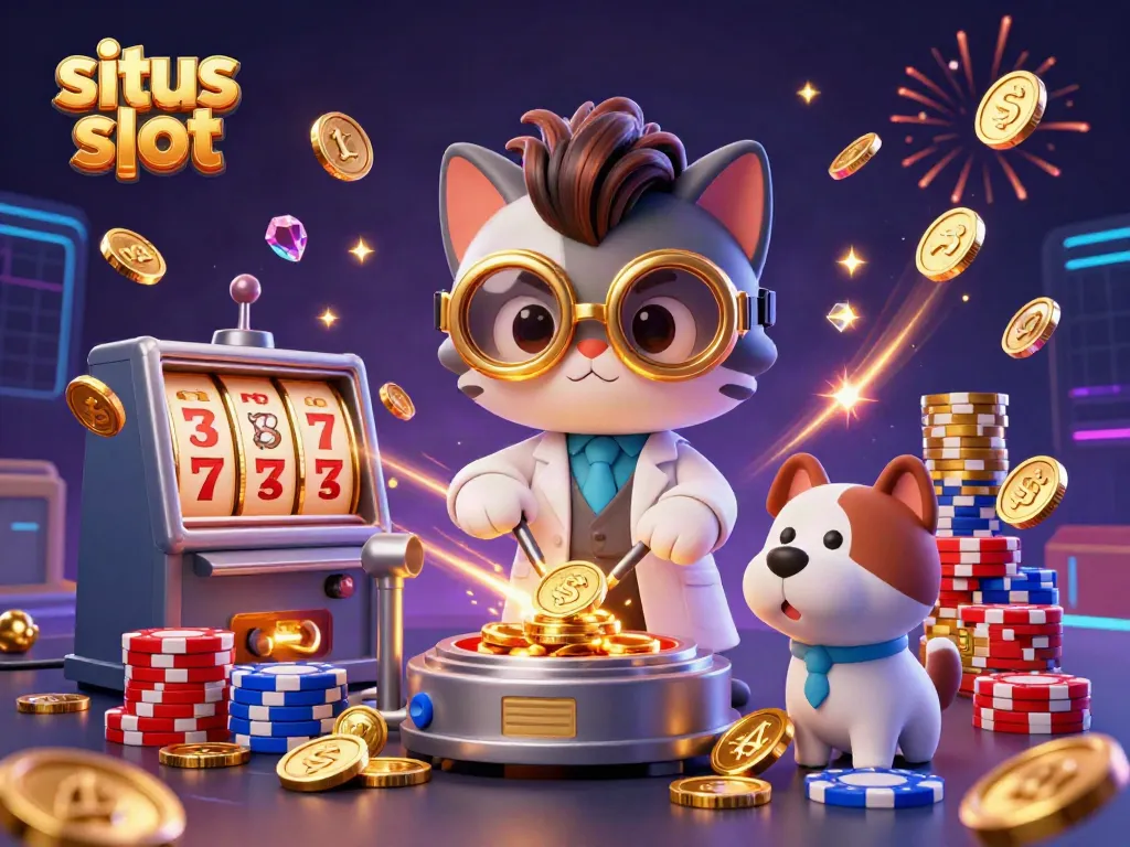 Engage with situs slot featuring a whimsical cat scientist and dog assistant creating golden coins amidst casino excitement.