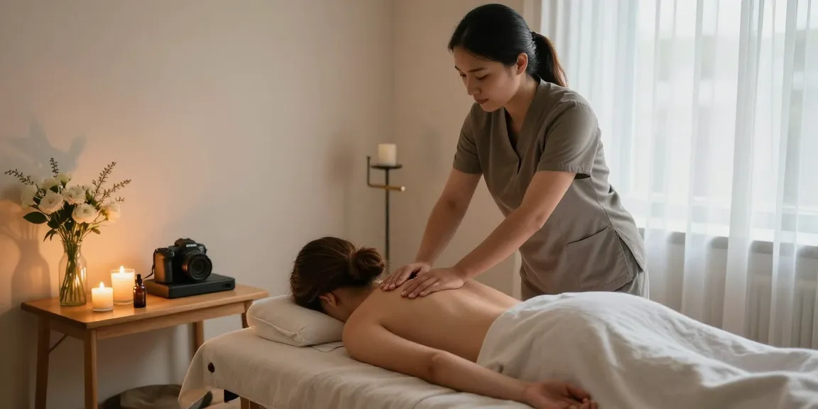 마사지 테라피 룸에서 아로마 오일로 편안한 마사지를 받는 모습