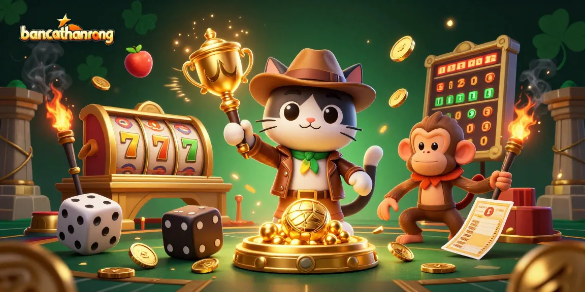 Bancathanrong showcases a thrilling 3D scene with an explorer and monkey surrounded by vibrant casino artifacts.