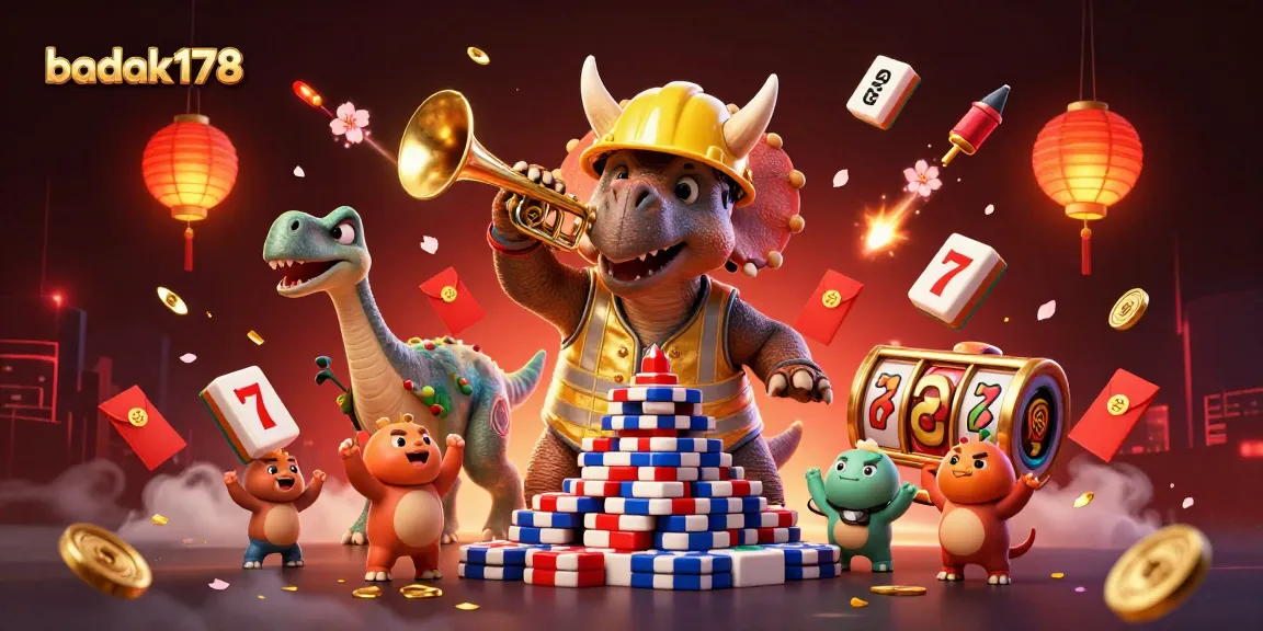 Celebrate your wins with badak178 in this vibrant casino scene featuring a triceratops and lucky symbols.