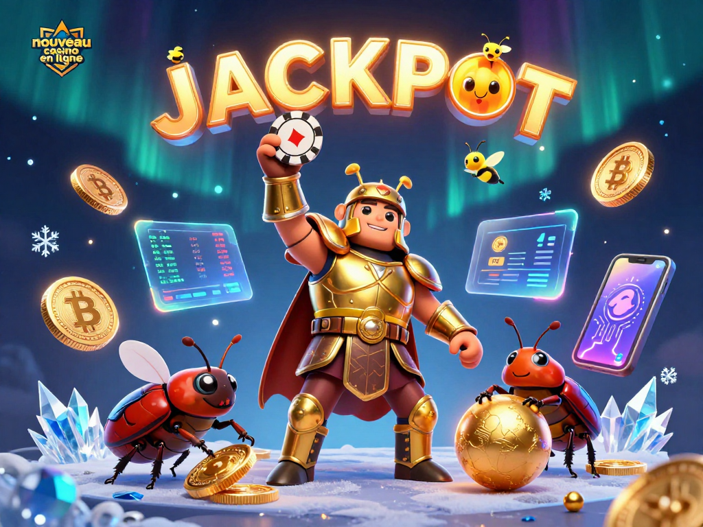 Découvrez le nouveau casino en ligne avec le scarabée héros et ses éléments crypto étincelants.