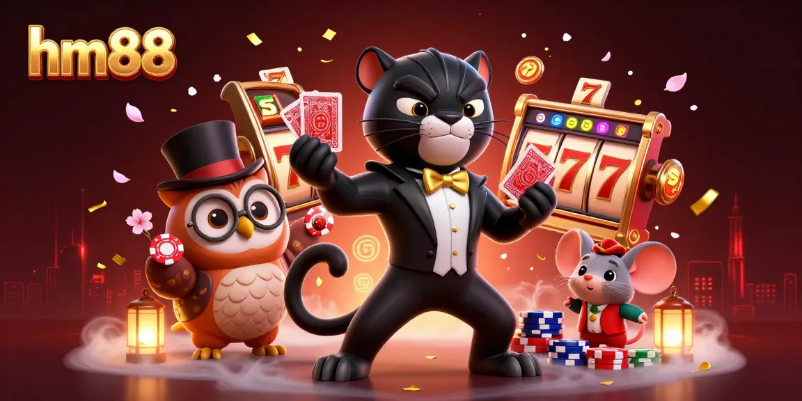 Dealing cards in a 3D casino scene filled with slot themes, featuring hm88 branding.