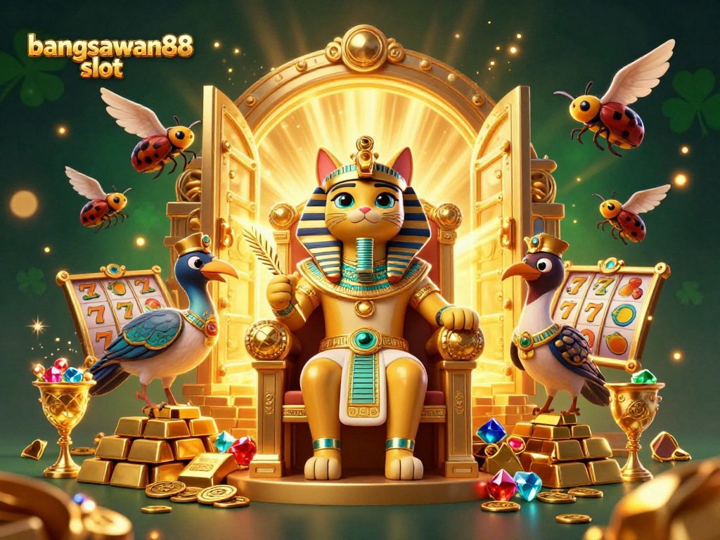 Spin the reels with bangsawan88 slot featuring a regal pharaoh cat, treasure, and vibrant slot elements.