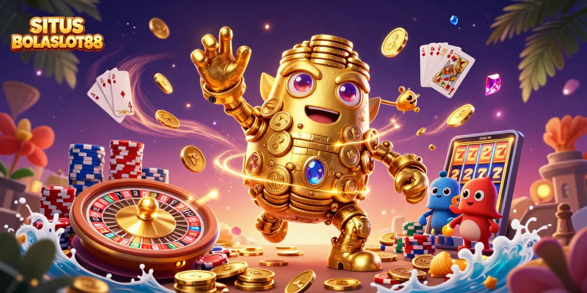 Spin the reels at SITUS BOLASLOT88 featuring a magical golden golem and vibrant casino elements.