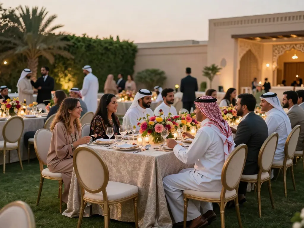 Event furniture rental setup in Saudi Arabia showcases elegant dining for outdoor celebrations.
