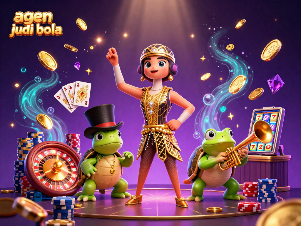 Experience fun at agen judi bola with a lively illustration capturing vibrant casino elements swirling around unique characters.