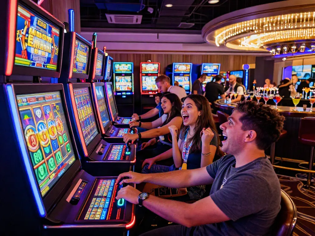 Players enjoying slot machines under neon lights while chasing the slot jackpot excitement.