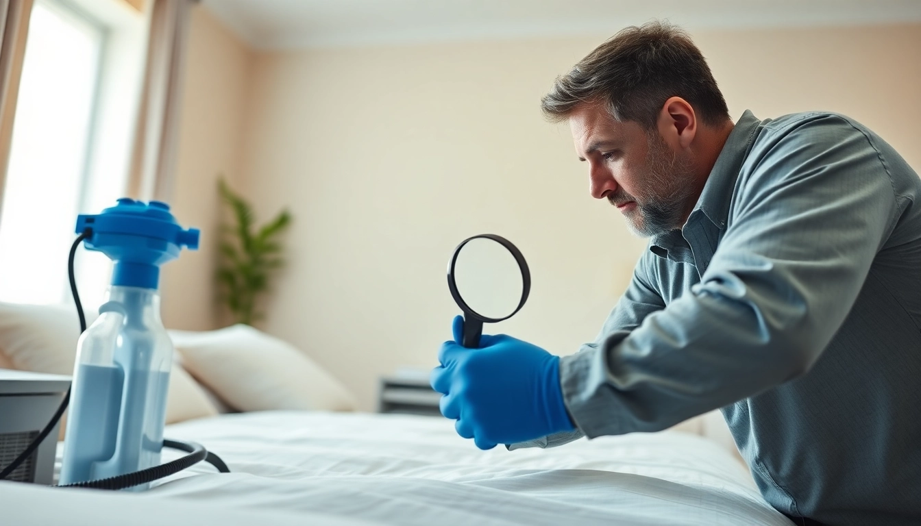 Technician performing bed bug removal inspection in a clean, well-lit bedroom.
