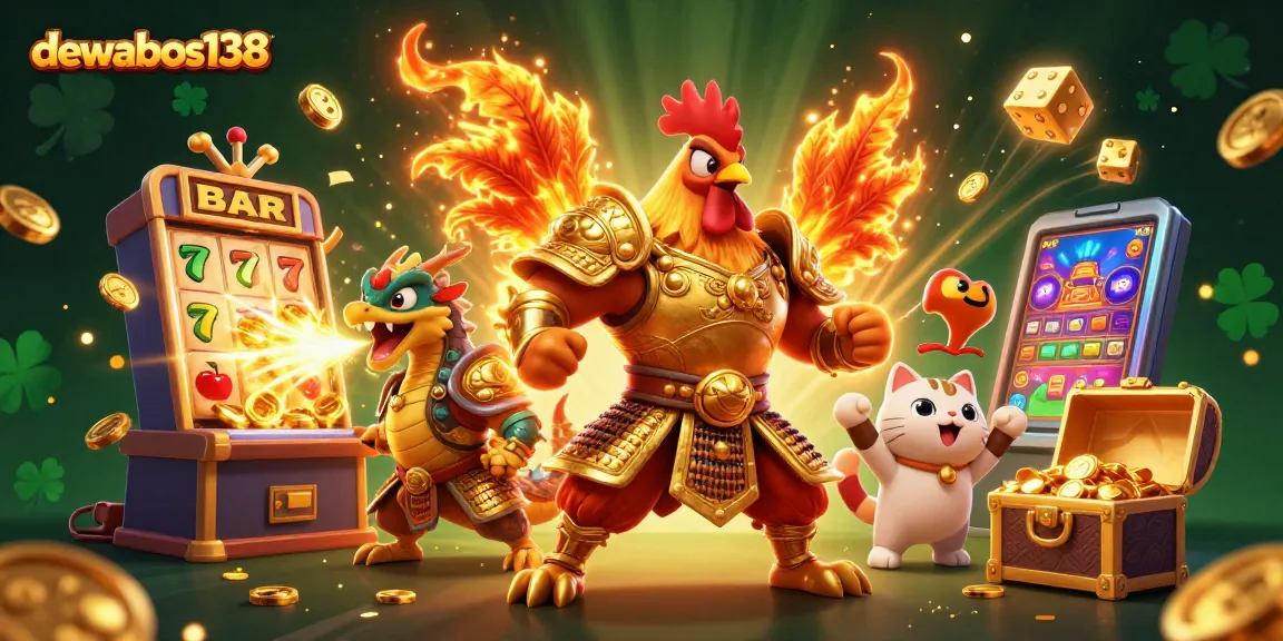 Engage in exciting gameplay with dewabos138's winning rooster, dragon hatchling, and vibrant casino elements!