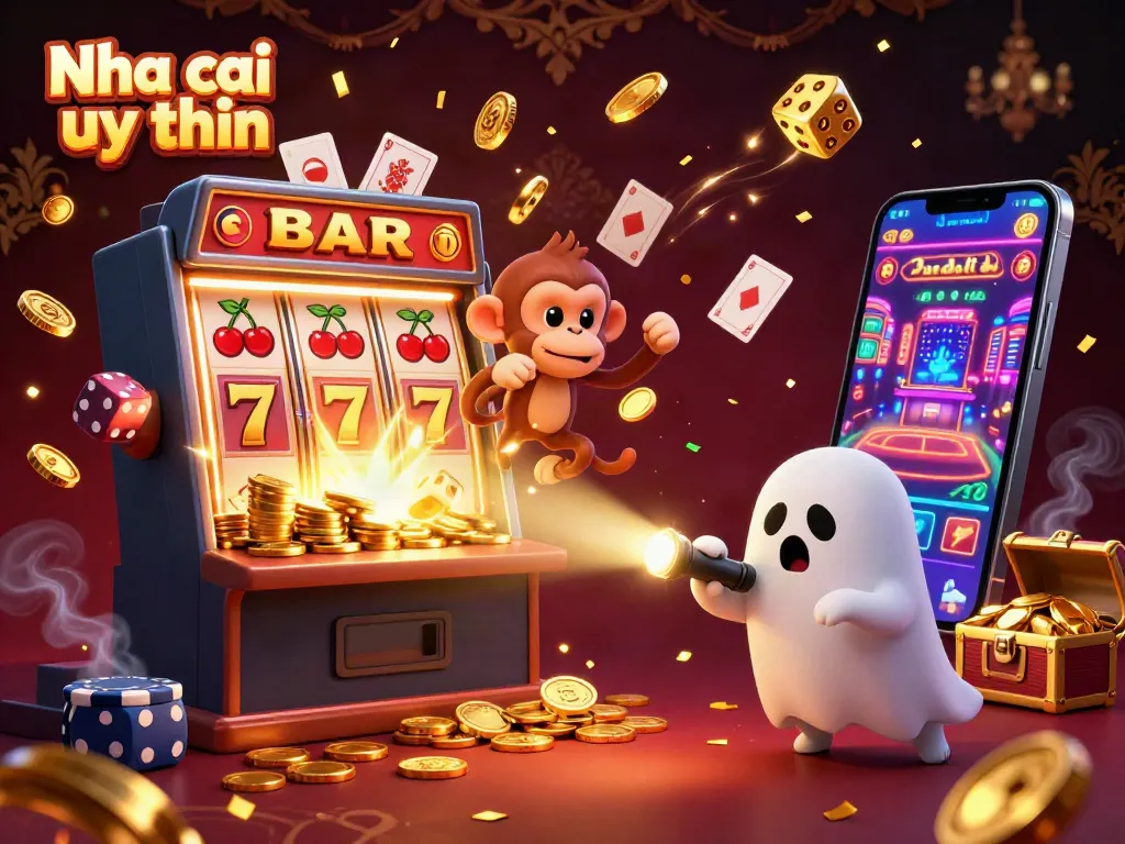 Nha cai uy tin showcasing vibrant casino elements with poltergeist monkey juggling and a ghost-hunter puppy exploring.