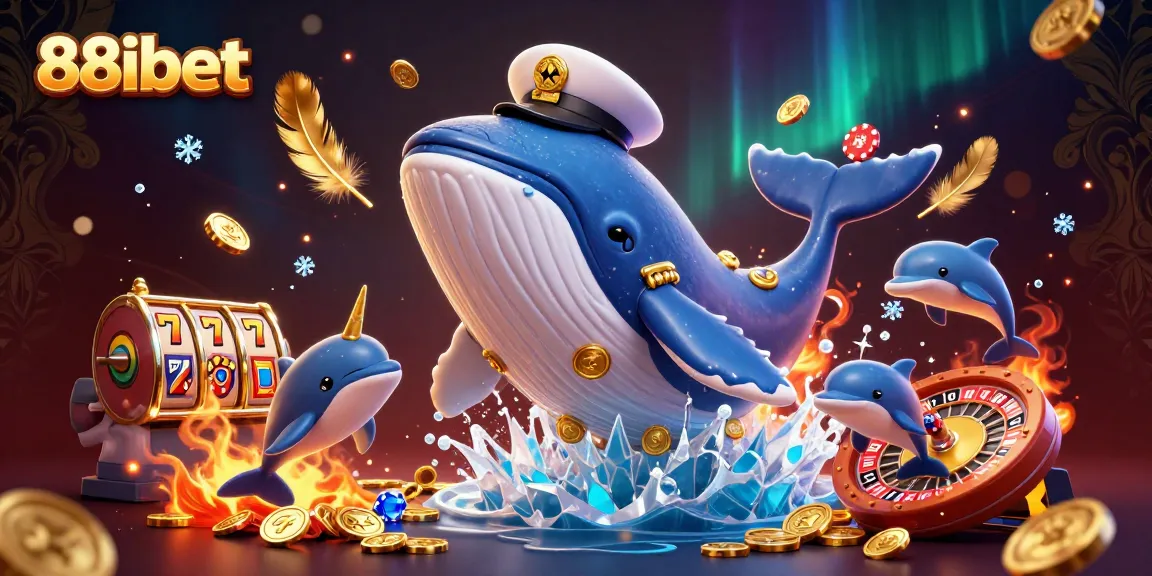 88ibet captivates players in a vibrant casino scene featuring a whale and playful dolphins with poker chips.