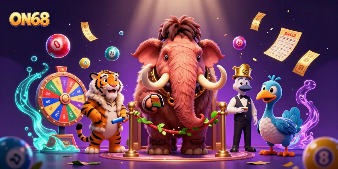 ON68 invites players to enjoy a dynamic casino experience with lottery balls, vibrant prize wheel, and unique characters.