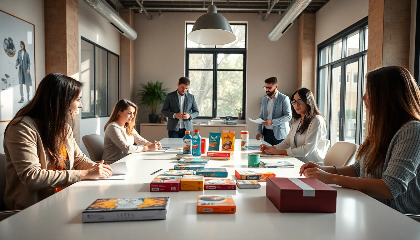 Engaging scene at a packaging design agency Melbourne showcasing collaborative design efforts with vibrant materials.