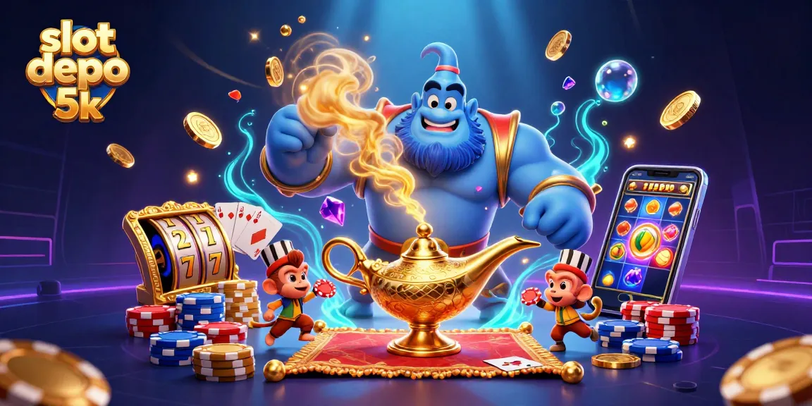 Slot depo 5k menampilkan genie biru dengan koin emas dan slot mesin yang berputar.