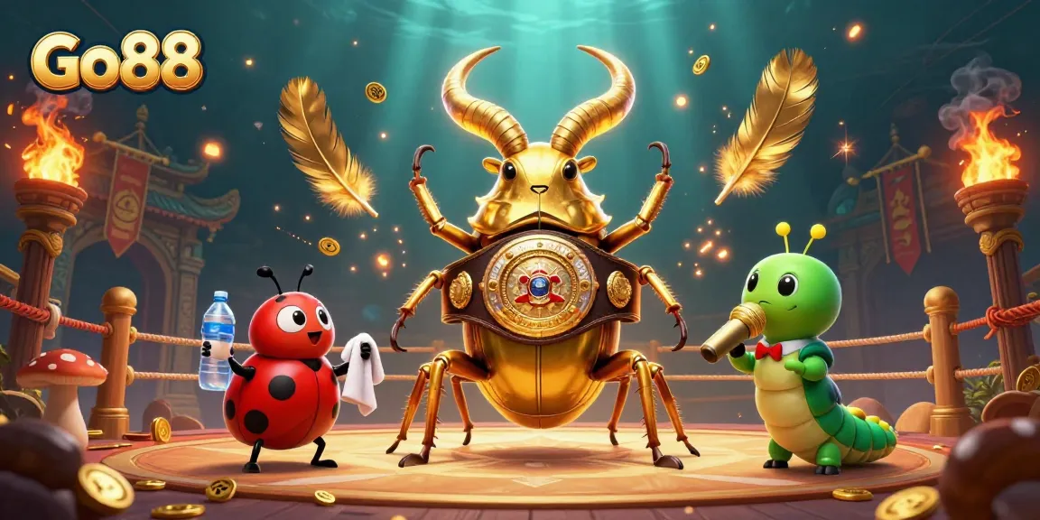 Engage with Go88's exciting casino vibes in a dynamic illustration featuring a boxing beetle and friends.
