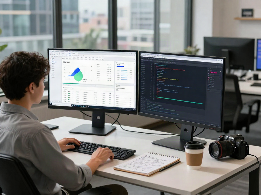 AI Detection dashboard in a modern tech workspace showing analytics results and a data analyst at work.