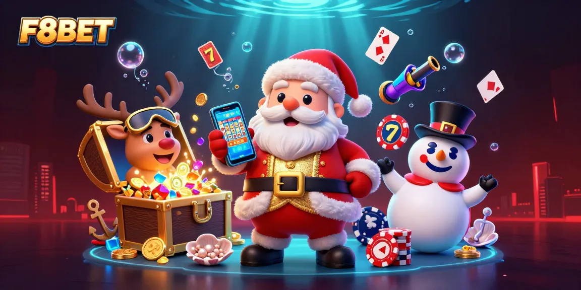 F8BET offers an exciting casino experience with a festive 3D scene featuring characters celebrating jackpot wins.
