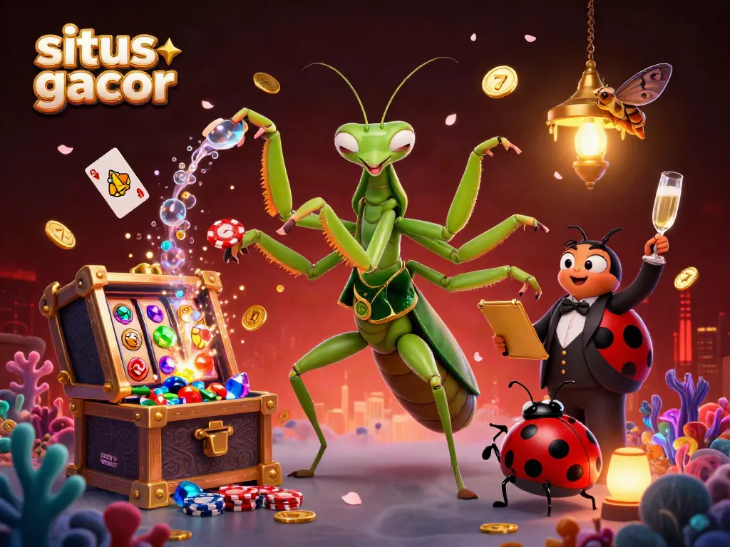 Slot gacor sedang dimainkan oleh karakter unik dalam ilustrasi 3D yang penuh warna dan detail, menampilkan suasana kasino yang meriah