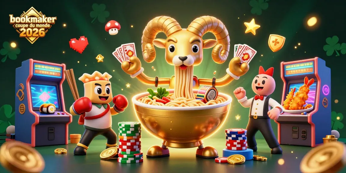 Pariez sur le bookmaker coupe du monde 2026 avec une illustration dynamique de casino et un bol de ramen doré.