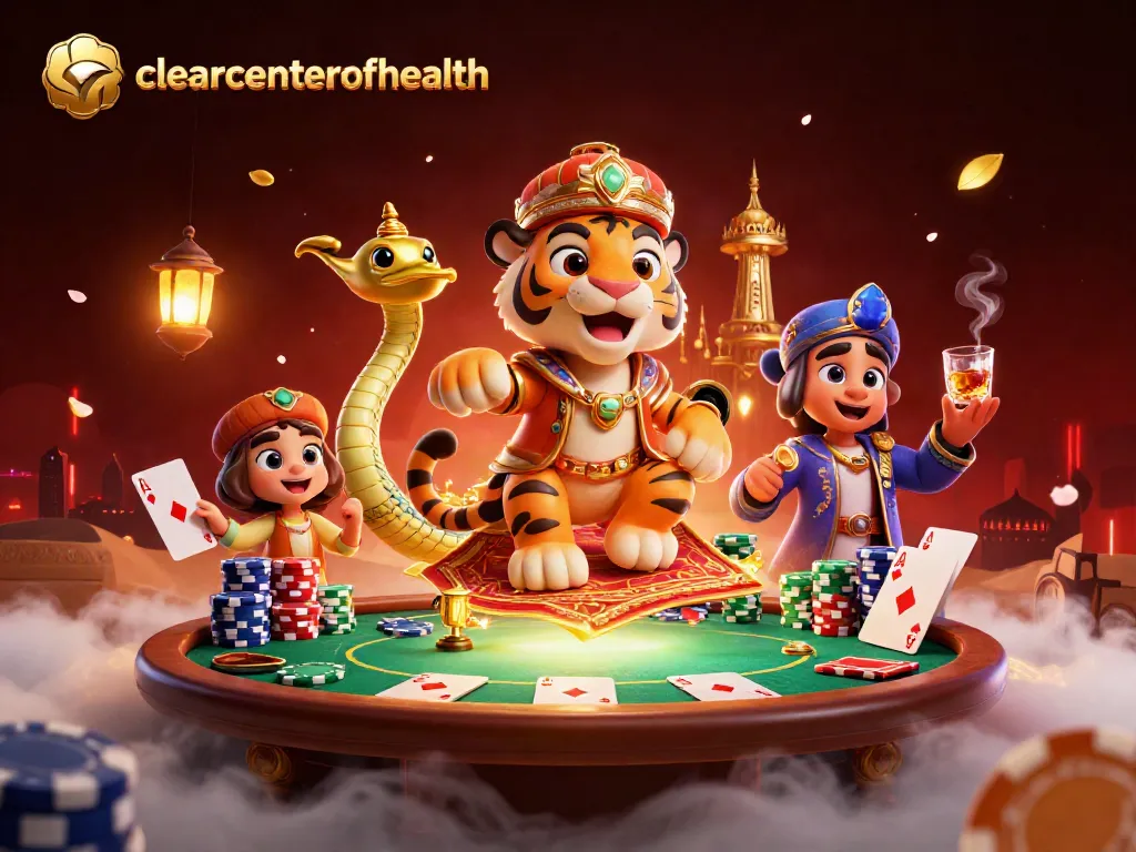 Experience winning with clearcenterofhealth in a vibrant, detailed casino scene filled with poker elements.