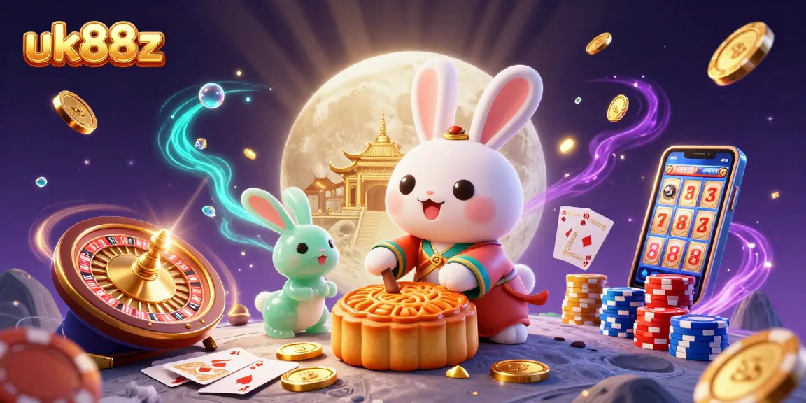Experience the magical uk88z casino scene with a moon rabbit revealing poker chips.
