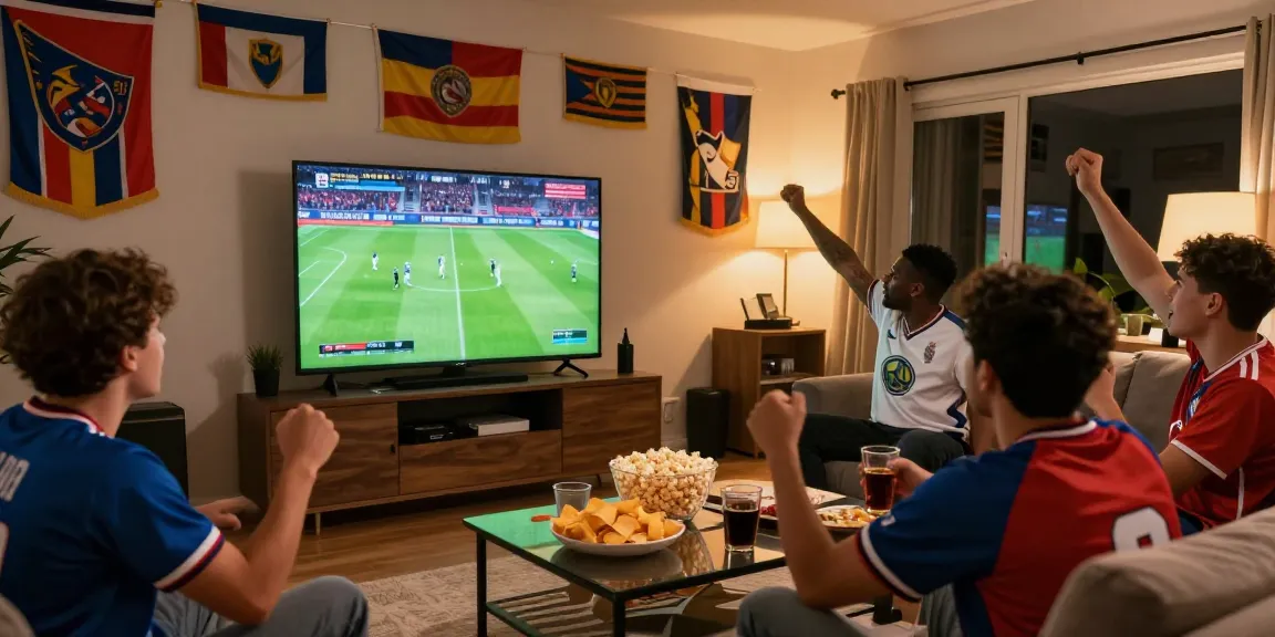 Exciting kora live sports viewing with fans cheering in a cozy setting.