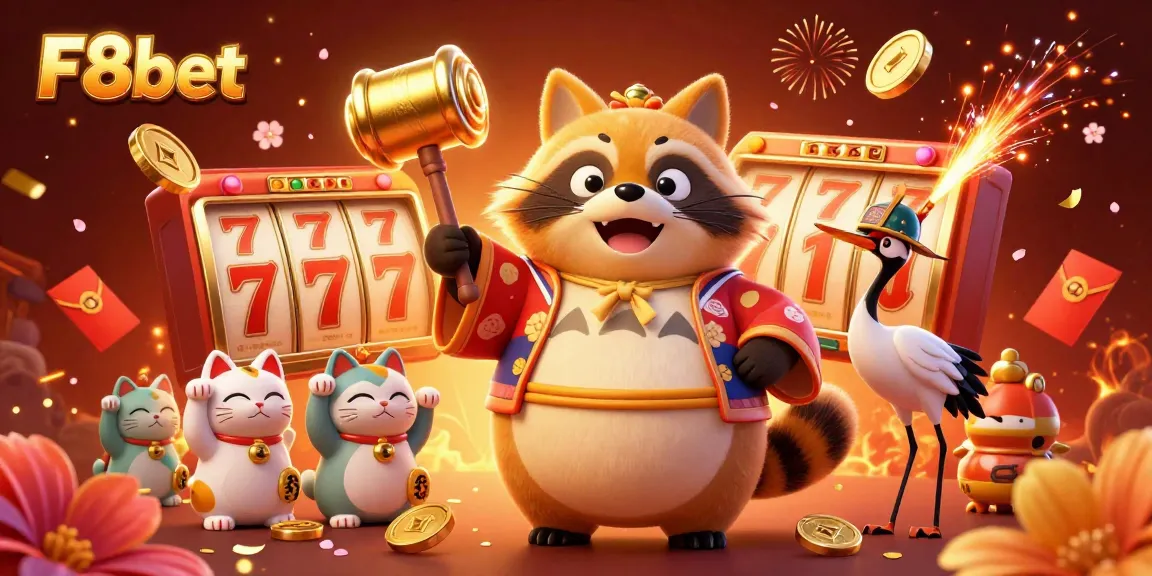 Engage with F8bet's vibrant casino world through a colorful 3D illustration showcasing luck and excitement.