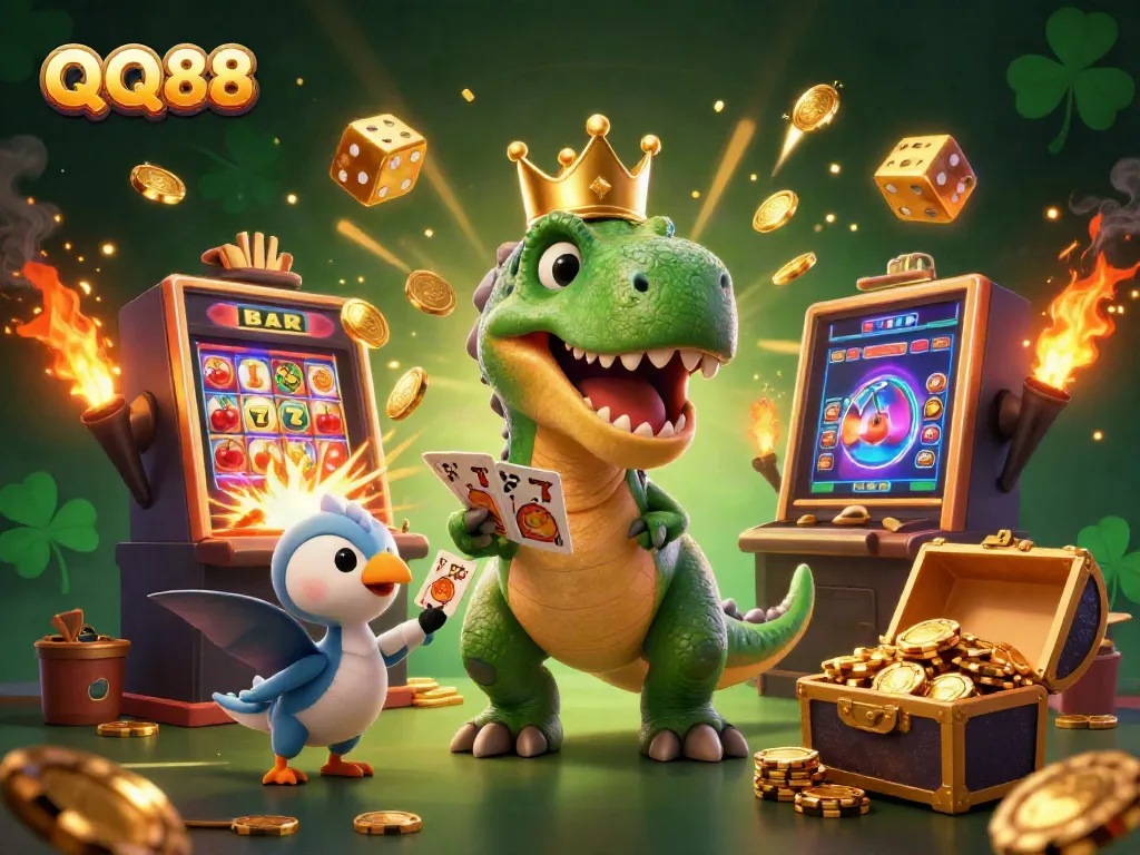 Experience thrilling gaming adventures with QQ88, featuring a playful T-Rex, pterodactyl, and triceratops amidst a jackpot explosion.