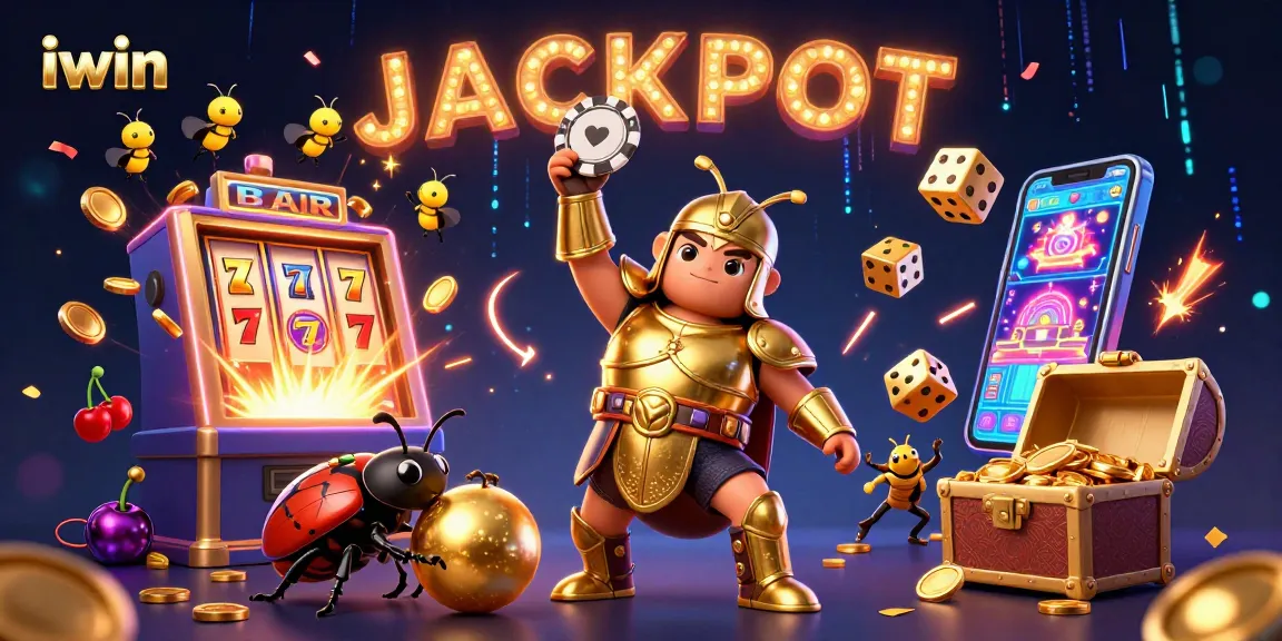 Celebrate iwin wins with 3D beetles and casino elements in a jackpot scene.