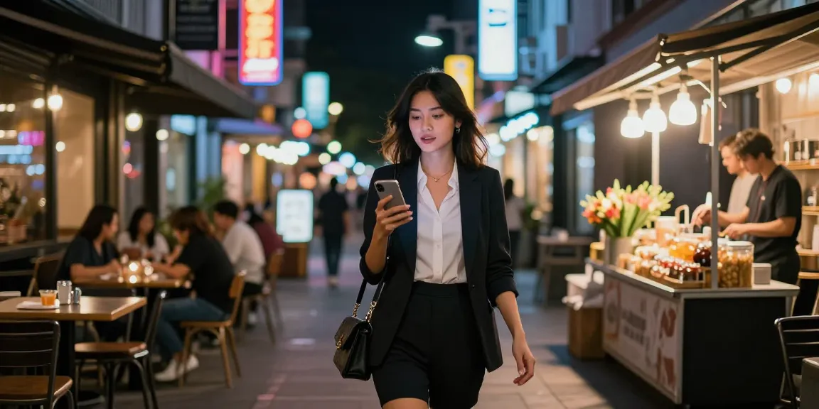 Gái gọi đang đi dạo trong thành phố với ánh đèn neon rực rỡ và phong cách thời trang ấn tượng.