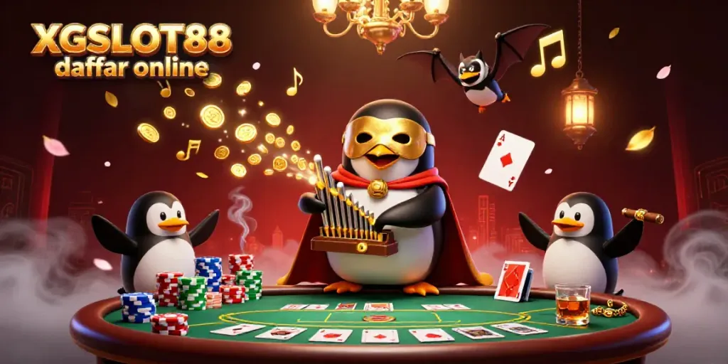 Ilustrasi 3D menampilkan XGSLOT88 daftar online dengan penguin opera bermain alat musik yang melepaskan koin emas.
