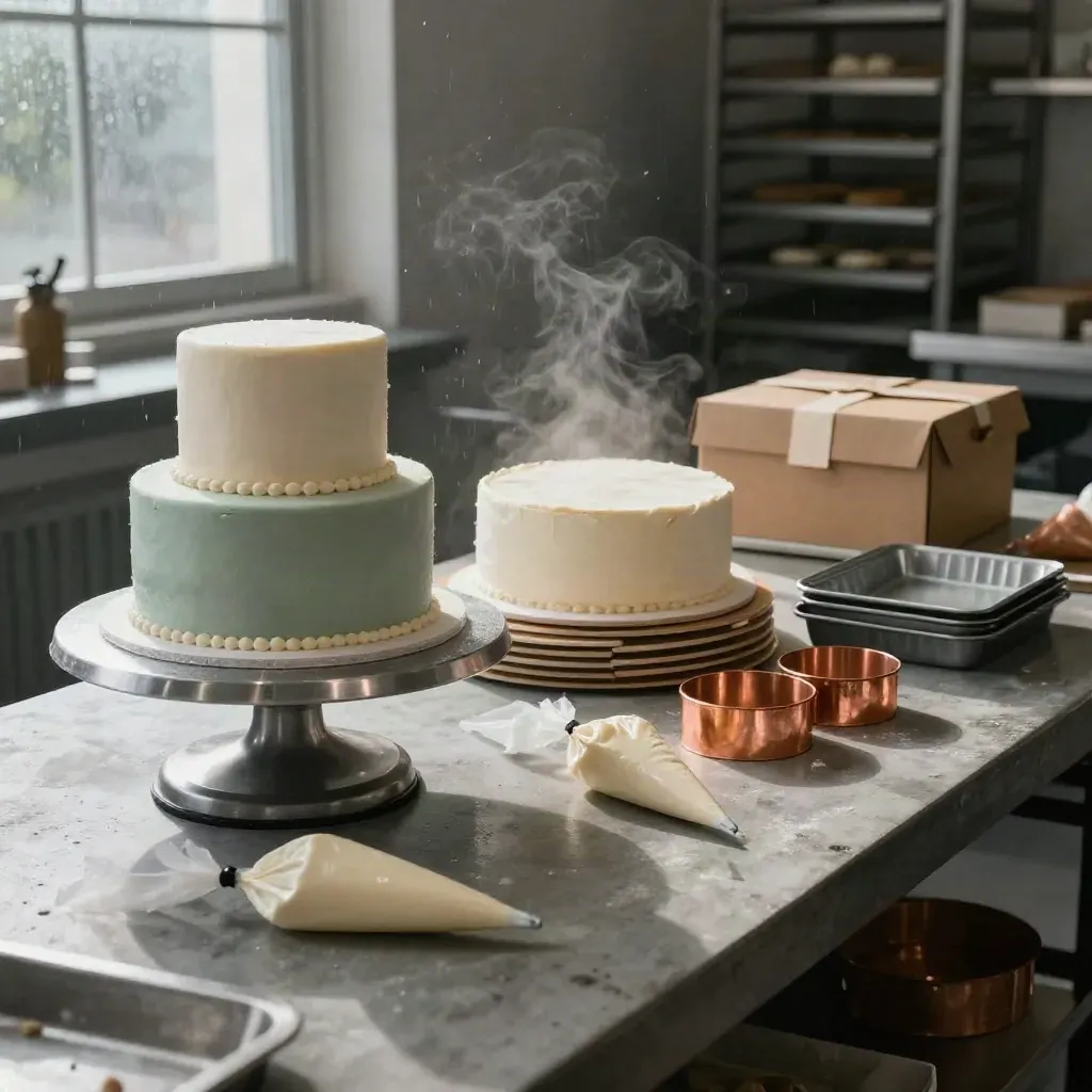 Blank fondant cake on a turntable with bakery tools and steam in a moody studio hero scene.