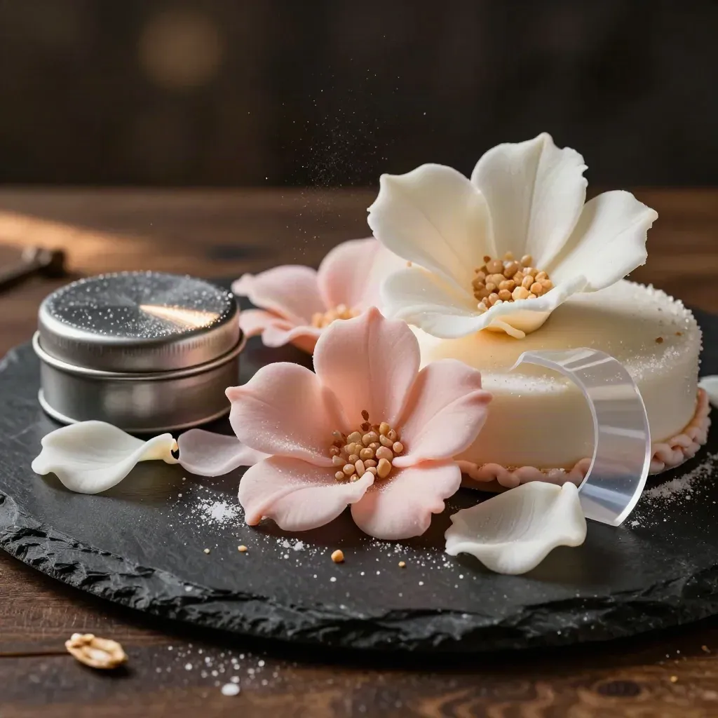Wafer paper petals, sugar molds, and pearl dust on dark stone in dramatic side light.