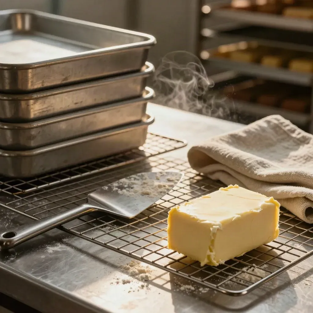Butter blocks and baking tools on brushed metal, lit warmly with flour haze.