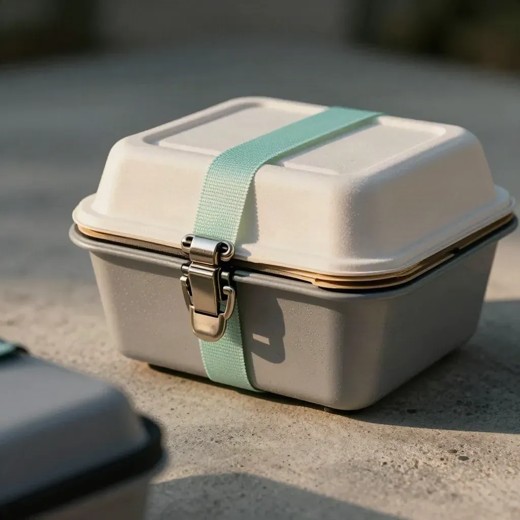 Close-up of a cake carrier latch, foam guards, strap buckle and cake box inserts on concrete.