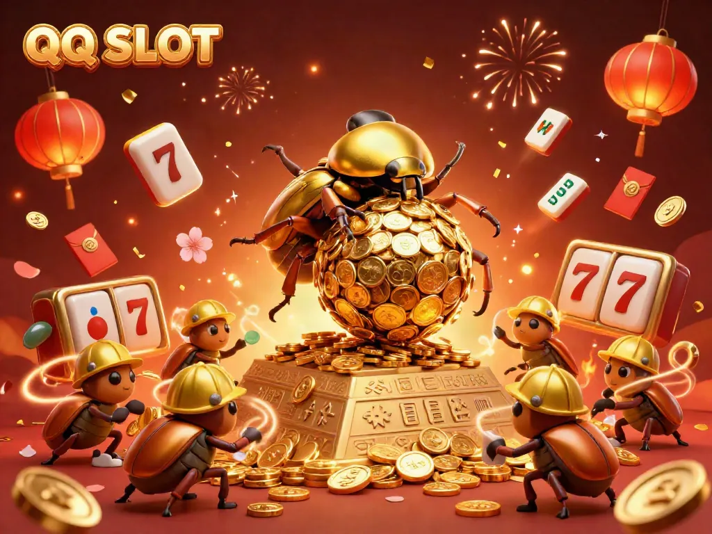 Experience the excitement of QQ SLOT with a 3D illustration of golden dung beetles and casino symbols in action.