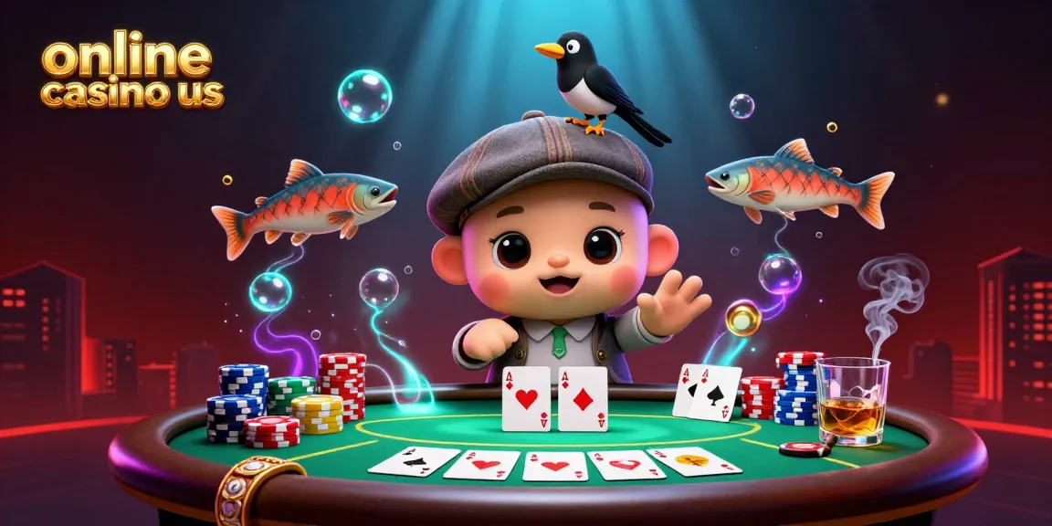 Engage with the excitement of online casino us gaming in a vivid illustration filled with Nessie and poker elements.
