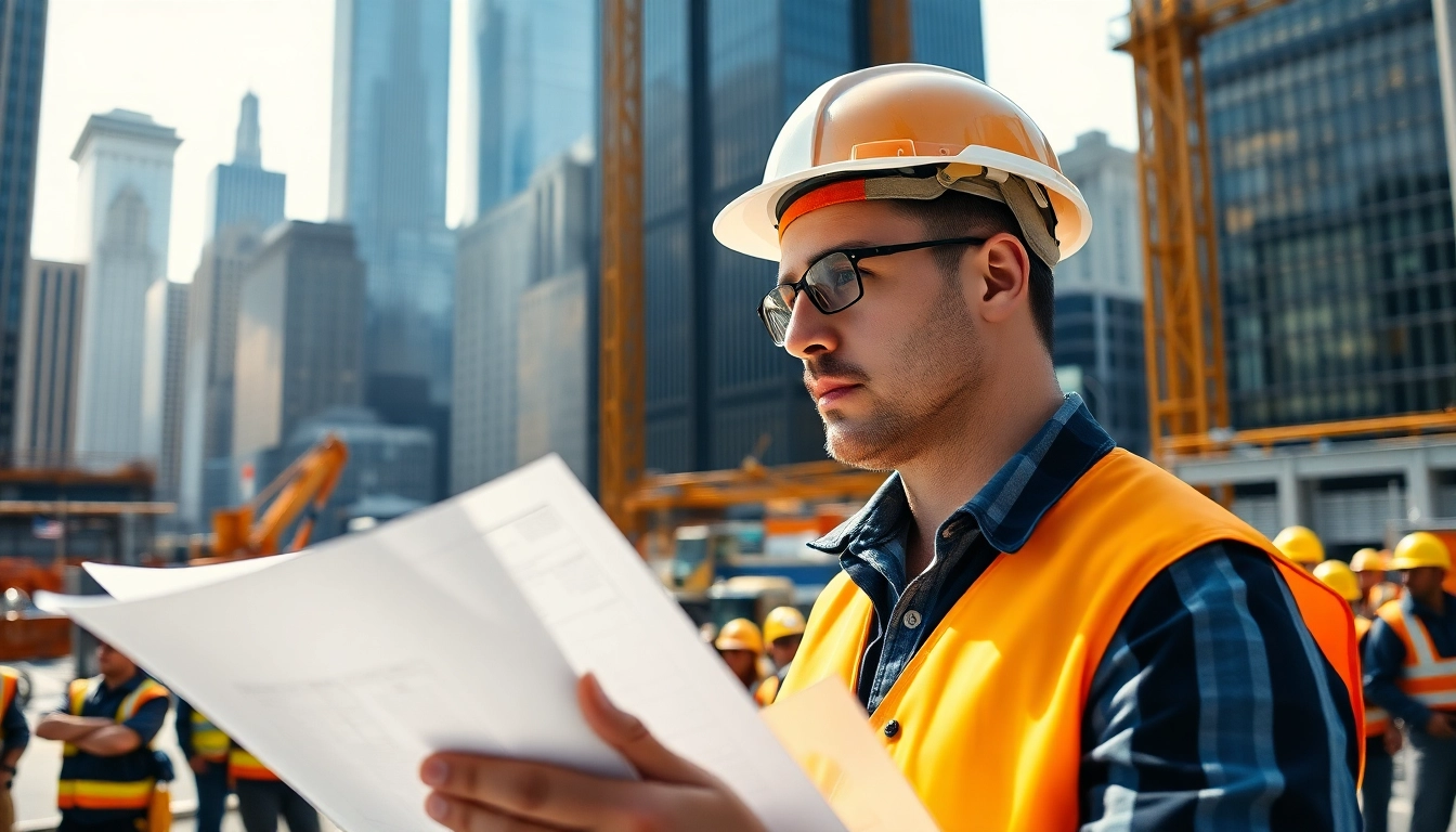 Collaboration of a New York Construction Manager examining site blueprints amidst an active construction area.