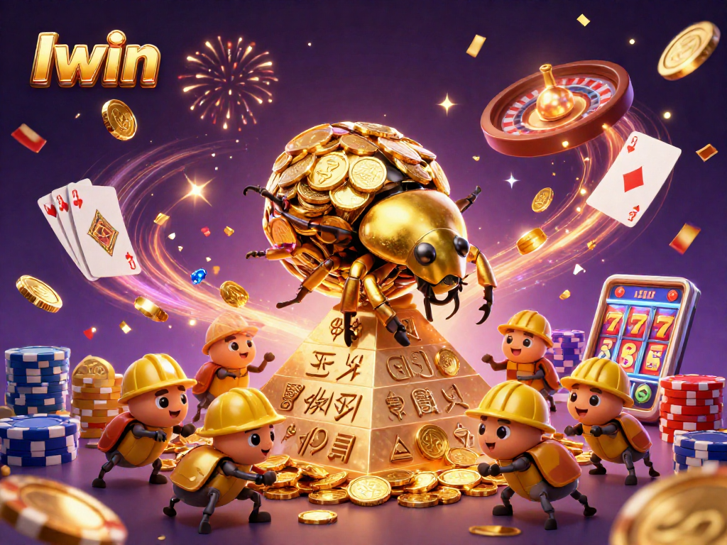Iwin's vibrant casino scene featuring a golden beetle and dynamic gaming elements.