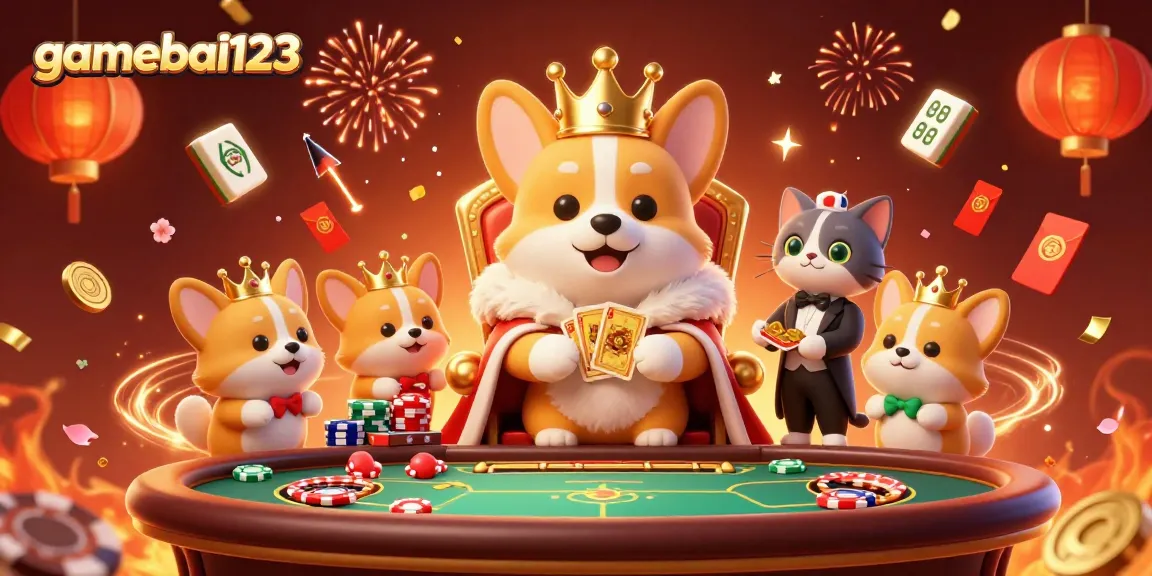 Experience thrilling excitement with gamebai123 in this vibrant casino illustration featuring corgi royalty.