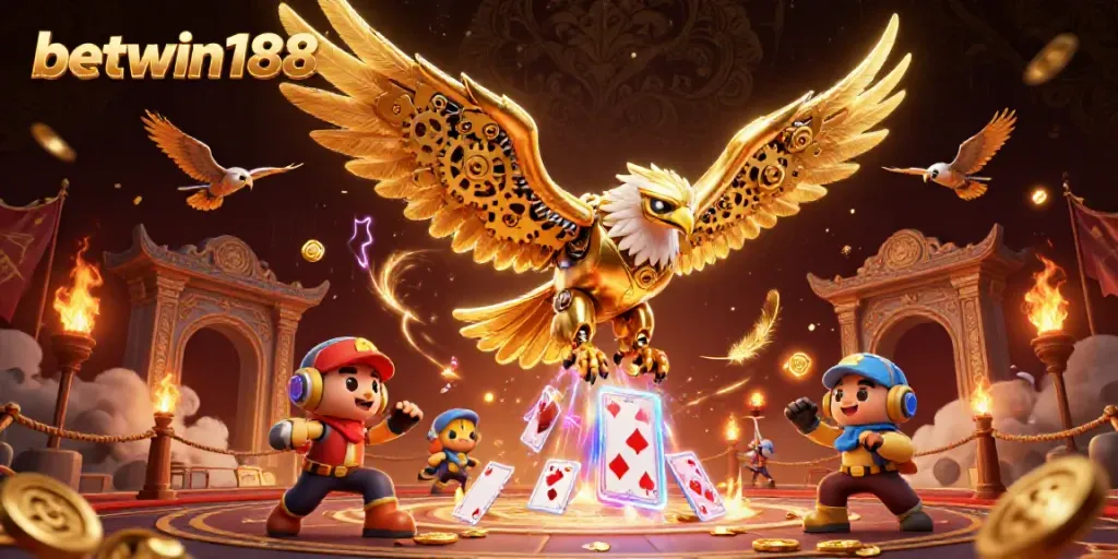 Gambaran 3D ilustrasi burung elang cybernetic terbang di dunia BETWIN188, dikelilingi hiasan kasino yang mewah.