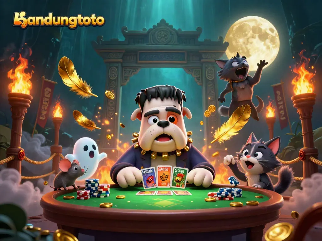 Experience the excitement of bandungtoto with a cartoon bulldog and ghost mouse at a gambling table.
